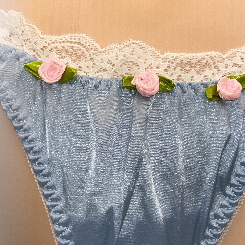 Coquette Girlie Blue Silky Satin Lace & Rosette Trim Feminine Thong Panties NWT - Picture 12 of 15